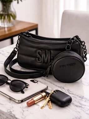 Steve Madden Black Quilted Shoulder Bag with Round Coin Pouch